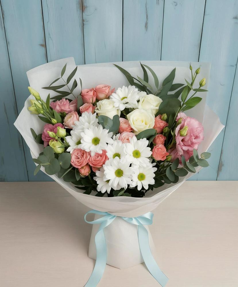 Букет цветов из: Розы, Лизиантусы и Хризантемы в Кабехабле