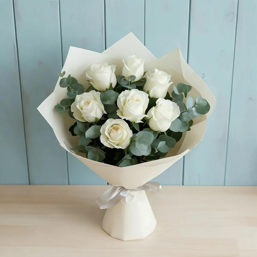 Букет Белые розы в Эвкалипте в Кабехабле